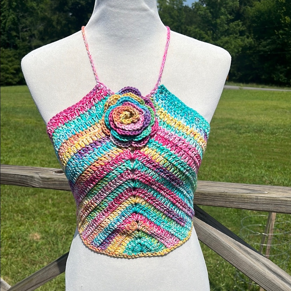 Colorful Crochet Halter Top with Rose Detail Handmade - Picture 3 of 6